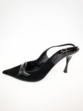 Casadei Black Suede Slingback Pumps Sculptural Twist Heel Pointed Toe Sz 9